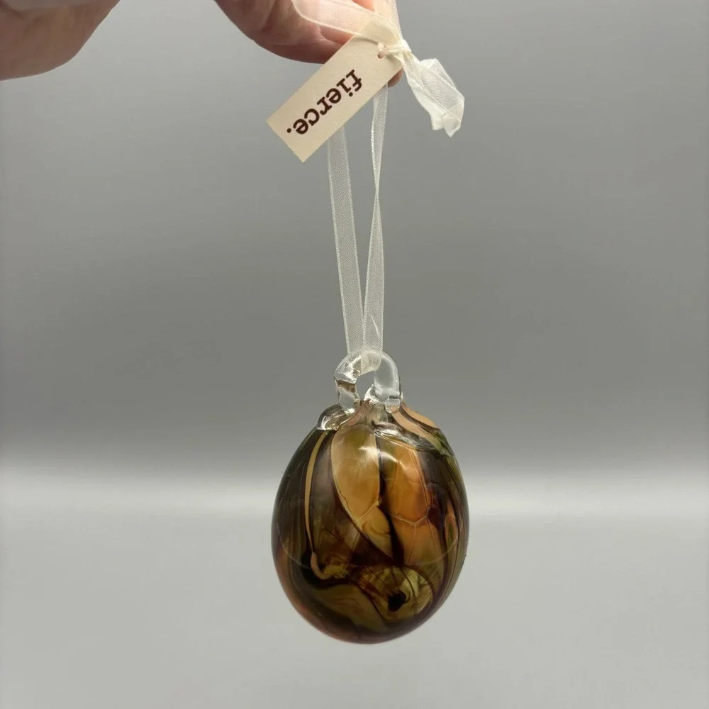 Ornament Hand Blown Art Glass Oval Brown & Amber Swirl‎ Imperfections